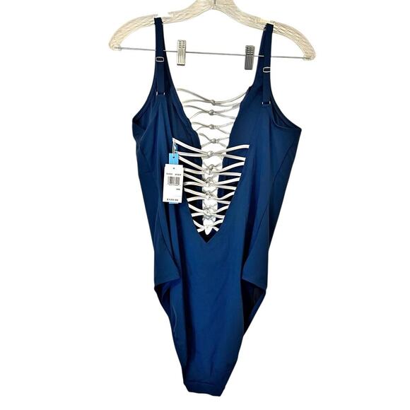 Bleu Rod Beattie Knotty Lace Down One-Piece Swimsuit Navy/Silver Size 18W NWT - Picture 6 of 12
